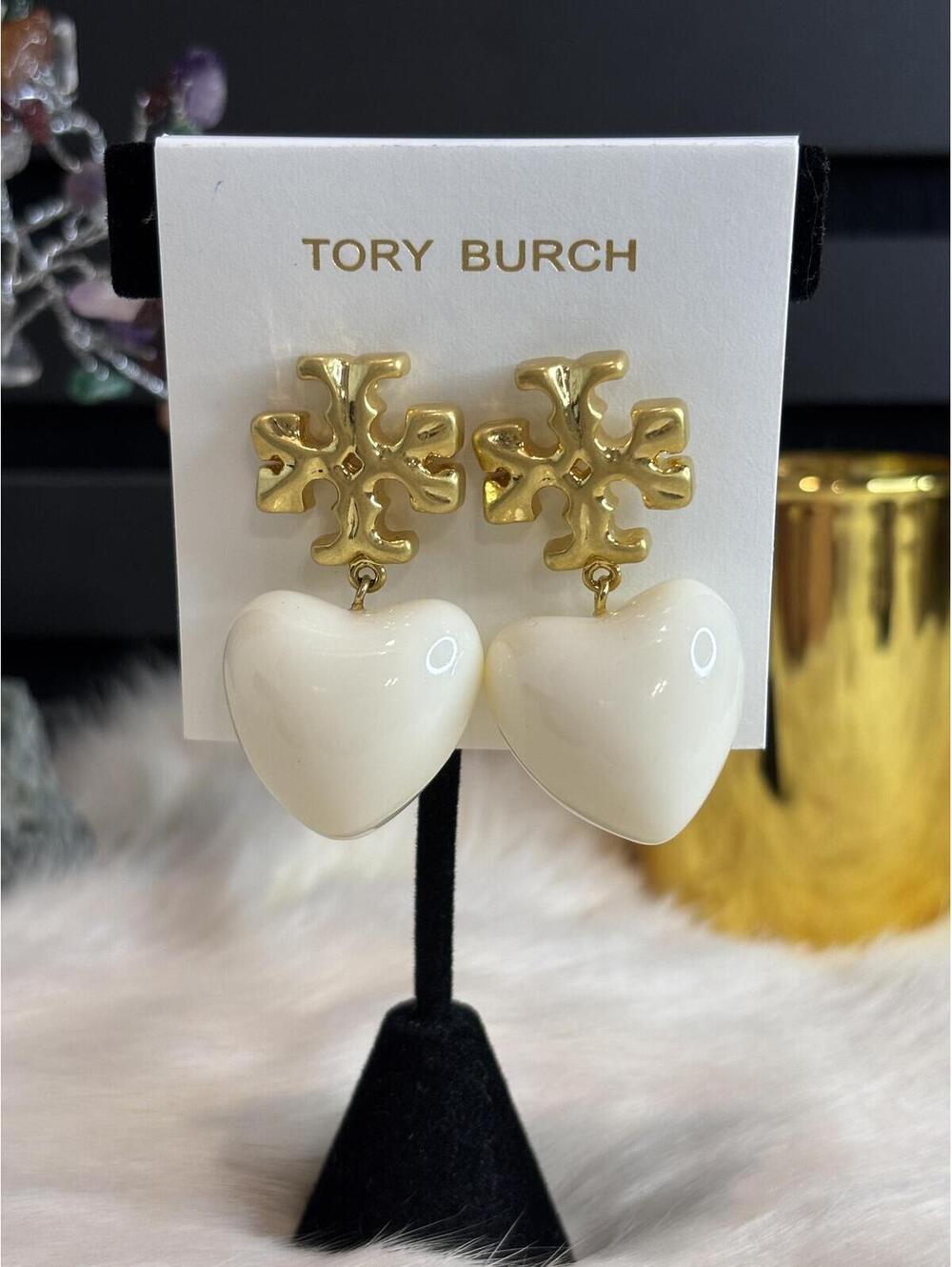 Tory Burch Gold-tone and White Heart Drop Earrings